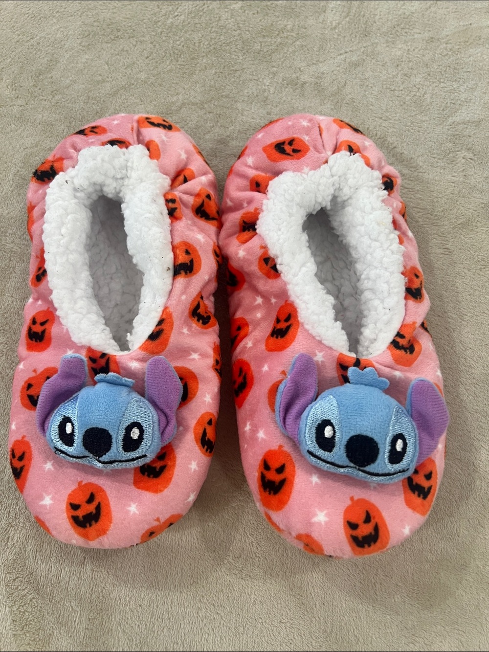 Disney Stitch Halloween Slippers pink Pumpkin Jack O Lattern Plush Fuzzy .